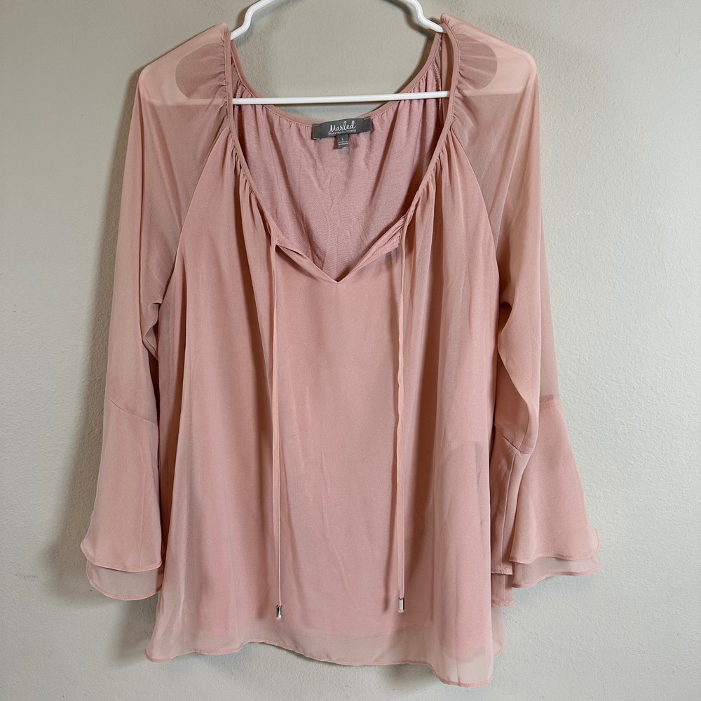 Marled Pink‎ Top Sheer Fairy Bell Sleeve Blouse Large Boho Romantic Cottagecore